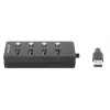Manhattan USB-C Dock/Hub, Ports (x4) with on/off switch for each port: USB-A (x4), 5 Gbps (USB 3.2 Gen1 aka USB 3.0), Universal for all devices, Bus or AC powered (optional jack, not included), Cable 1.5m, SuperSpeed USB, Black, Three Year Warranty