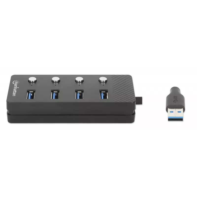 Manhattan USB-C Dock/Hub, Ports (x4) with on/off switch for each port: USB-A (x4), 5 Gbps (USB 3.2 Gen1 aka USB 3.0), Universal for all devices, Bus or AC powered (optional jack, not included), Cable 1.5m, SuperSpeed USB, Black, Three Year Warranty