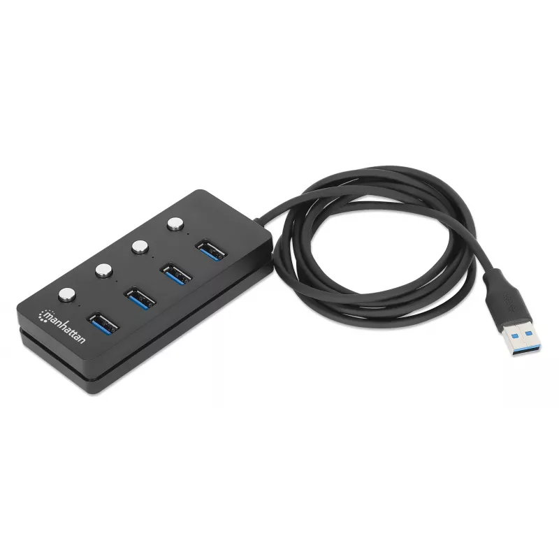 Manhattan USB-C Dock/Hub, Ports (x4) with on/off switch for each port: USB-A (x4), 5 Gbps (USB 3.2 Gen1 aka USB 3.0), Universal for all devices, Bus or AC powered (optional jack, not included), Cable 1.5m, SuperSpeed USB, Black, Three Year Warranty
