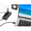Manhattan USB-C Dock/Hub, Ports (x4) with on/off switch for each port: USB-A (x4), 5 Gbps (USB 3.2 Gen1 aka USB 3.0), Universal for all devices, Bus or AC powered (optional jack, not included), Cable 1.5m, SuperSpeed USB, Black, Three Year Warranty