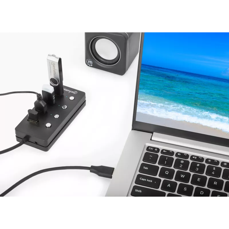 Manhattan USB-C Dock/Hub, Ports (x4) with on/off switch for each port: USB-A (x4), 5 Gbps (USB 3.2 Gen1 aka USB 3.0), Universal for all devices, Bus or AC powered (optional jack, not included), Cable 1.5m, SuperSpeed USB, Black, Three Year Warranty