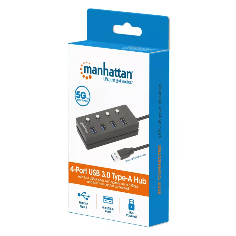 Manhattan USB-C Dock/Hub, Ports (x4) with on/off switch for each port: USB-A (x4), 5 Gbps (USB 3.2 Gen1 aka USB 3.0), Universal for all devices, Bus or AC powered (optional jack, not included), Cable 1.5m, SuperSpeed USB, Black, Three Year Warranty