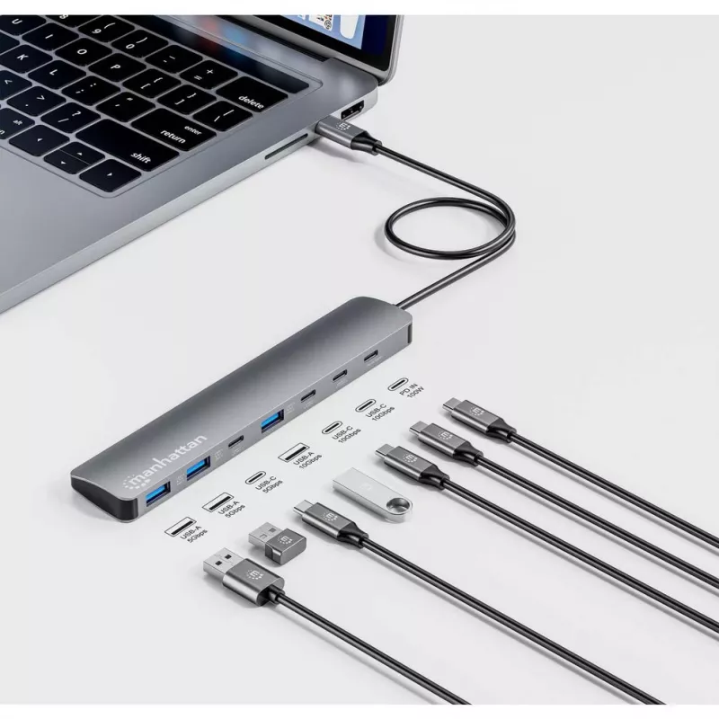 Manhattan USB-C Dock/Hub, Ports (x7): USB-A (x3) and USB-C (x4), with Power Delivery (PD) 100W- requires external USB-C charger (not included). USB powered (no external power supply required) when PD is not in use, Aluminium