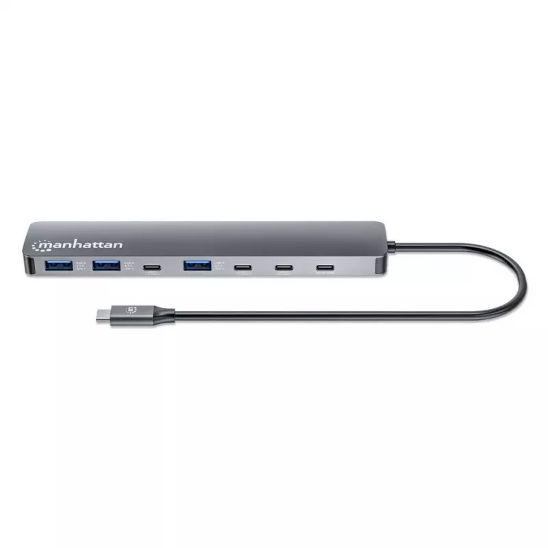 Manhattan USB-C Dock/Hub, Ports (x7): USB-A (x3) and USB-C (x4), with Power Delivery (PD) 100W- requires external USB-C charger (not included). USB powered (no external power supply required) when PD is not in use, Aluminium