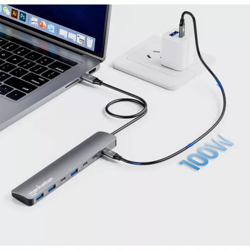 Manhattan USB-C Dock/Hub, Ports (x7): USB-A (x3) and USB-C (x4), with Power Delivery (PD) 100W- requires external USB-C charger (not included). USB powered (no external power supply required) when PD is not in use, Aluminium
