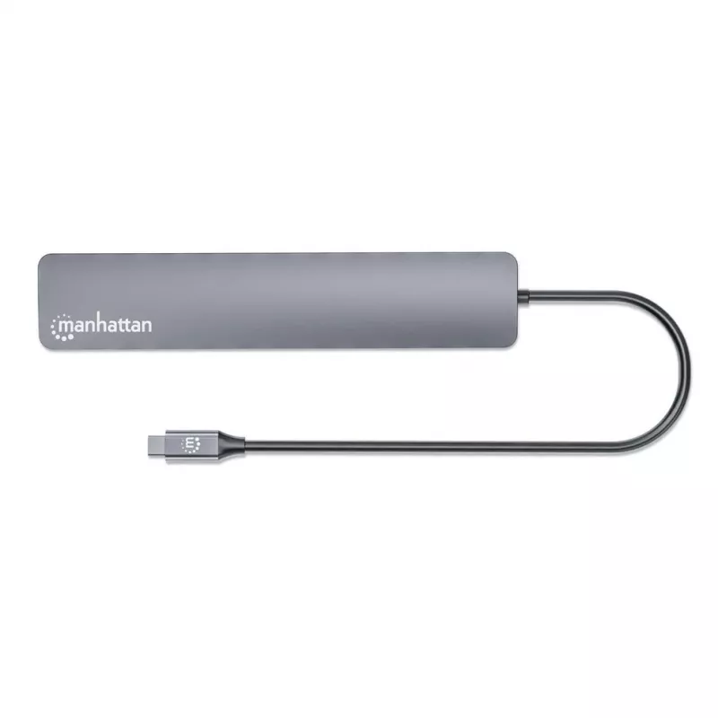 Manhattan USB-C Dock/Hub, Ports (x7): USB-A (x3) and USB-C (x4), with Power Delivery (PD) 100W- requires external USB-C charger (not included). USB powered (no external power supply required) when PD is not in use, Aluminium