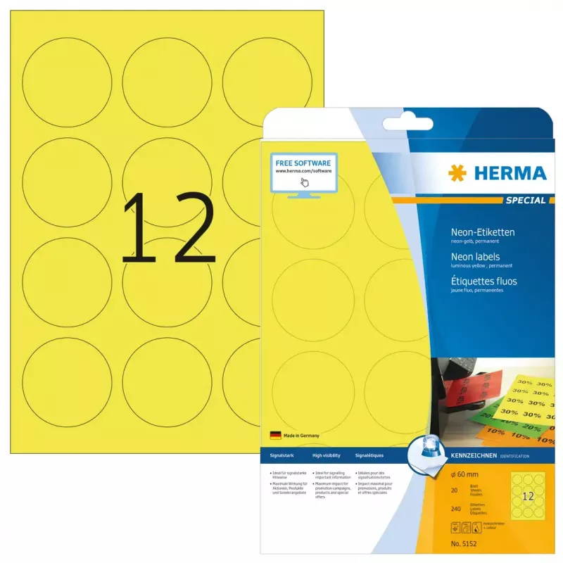 Self-adhesive labels HERMA Neon labels A4 Ø 60 mm round luminous yellow 240 pcs
