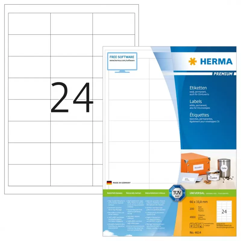 Self-adhesive printer label HERMA Labels Premium A4 66x33.8 mm