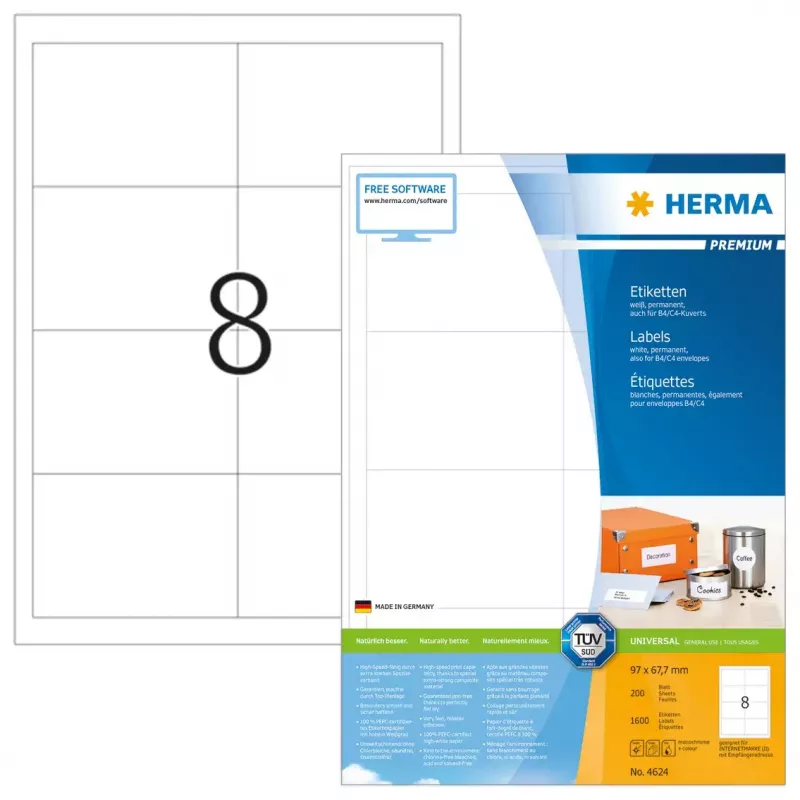 Labels HERMA Premium A4 97x67.7 mm white paper matt 1600 pcs
