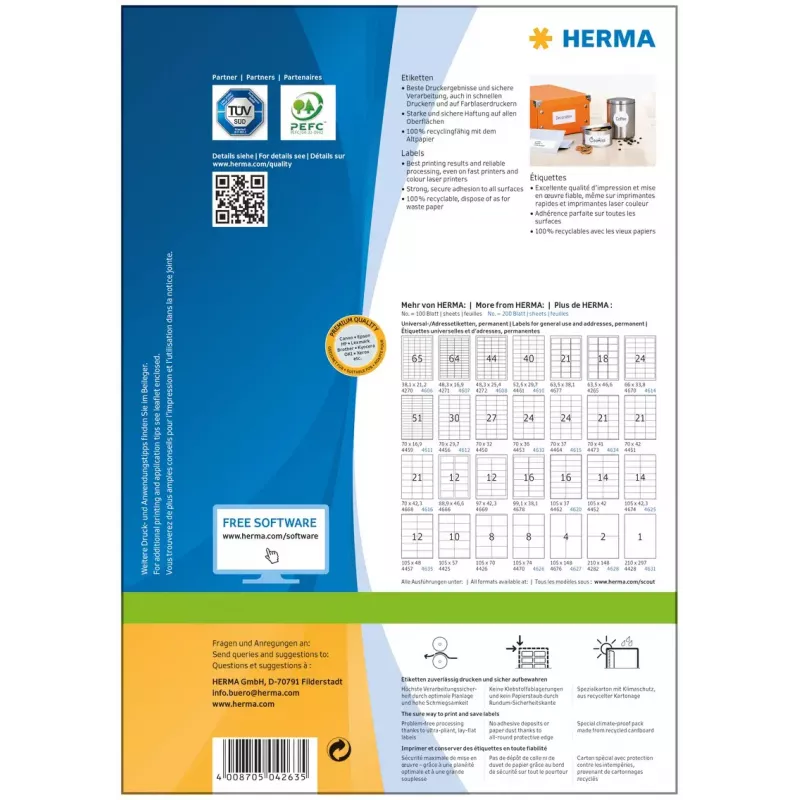 Self-adhesive printer label HERMA Premium A4 70x33.8 mm 2400 pcs