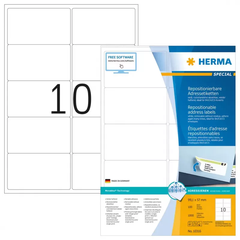 Repositionable address labels HERMA 10316 A4 99.1x57 mm white