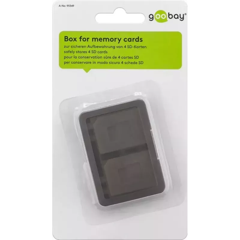 Memory card storage box GOOBAY 95349 — holds 4 cards, compatible with SD/MicroSD/MMC, grey transparent plastic