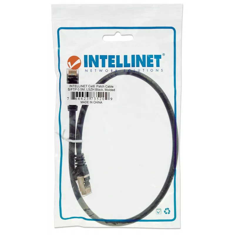 Intellinet Network Patch Cable, Cat6, 0.5m, Black, Copper, S/FTP, LSOH / LSZH, PVC, RJ45, Gold Plated Contacts, Snagless, Booted, Lifetime Warranty