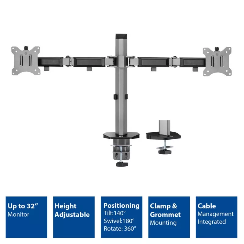 ACT Dual monitor arm office silver Clamp/Bolt-through 18 kg 17-32 inch