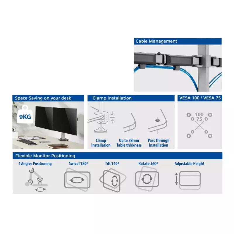ACT Dual monitor arm office silver Clamp/Bolt-through 18 kg 17-32 inch