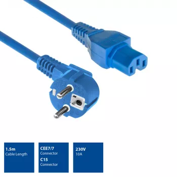 ACT Powercord mains connector CEE 7/7 male angled C15 blue 1.5 m 230V 10A