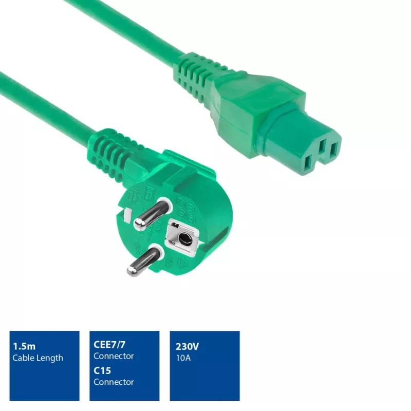 ACT Powercord mains connector CEE 7/7 male (angled) - C15 green 1.5 m