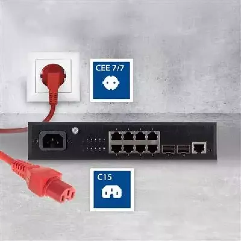 ACT Powercord mains connector CEE 7/7 male angled C15 red 1 m 250 V 10 A