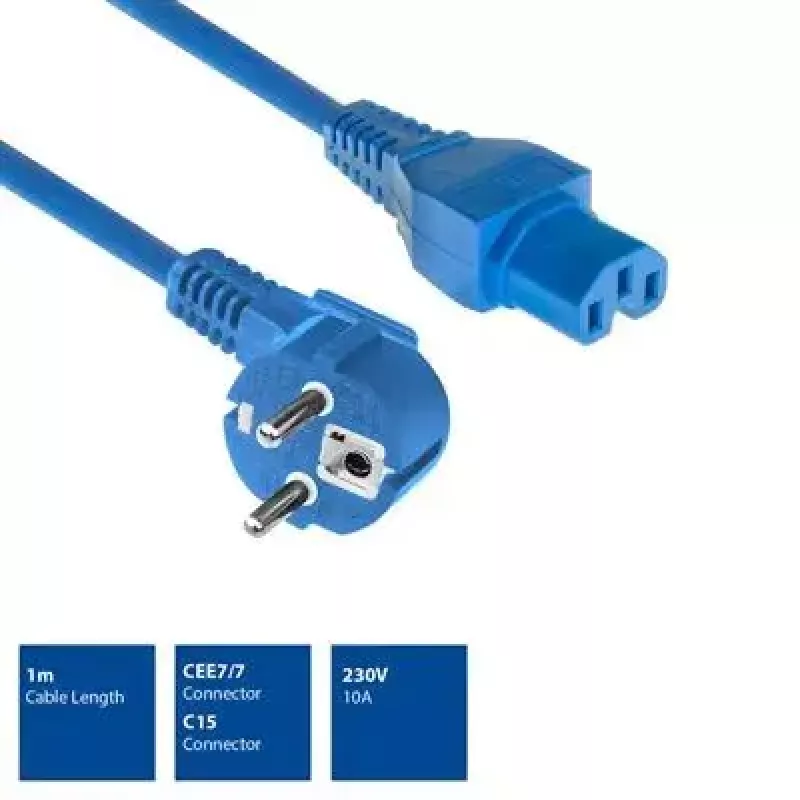 ACT Powercord mains connector CEE 7/7 male (angled) - C15 blue 1 m