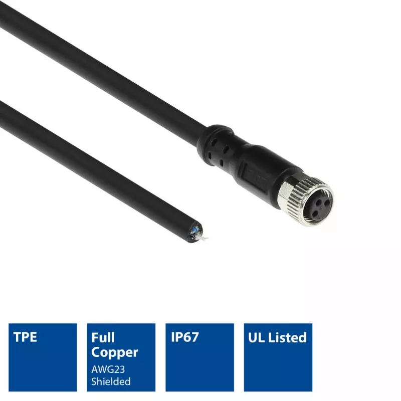 ACT Industrial 5.00 meters Sensor cable M8A 3-pin female to open end, Ultraflex Xtreme TPE cable, shielded
