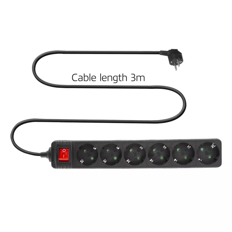 ACT Power strip with illuminated switch, 6 sockets, 3 m, black