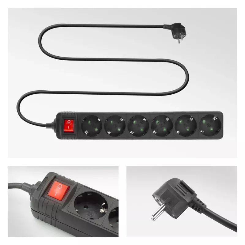 ACT Power strip with illuminated switch, 6 sockets, 3 m, black