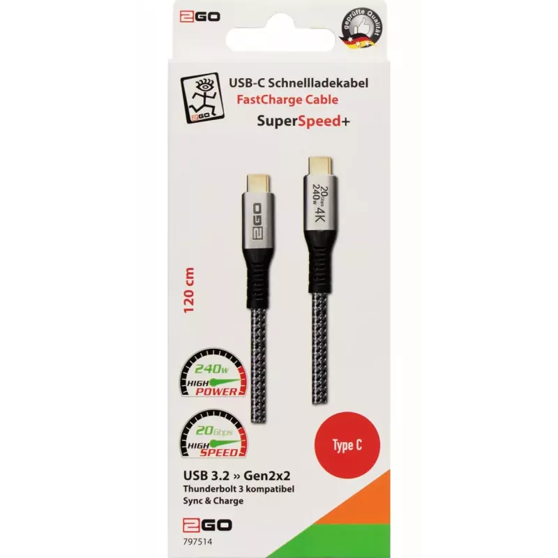 USB Cable 2GO 797514 USB 3.2 Gen 2x2 1.2m USB C Black Silver