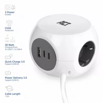 ACT AC2420 power extension 1.5 m 3 AC outlet(s) Indoor White