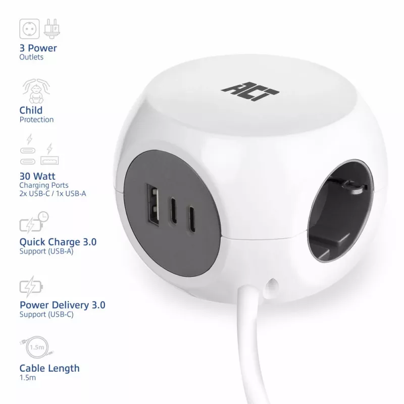 ACT AC2420 power extension 1.5 m 3 AC outlet(s) Indoor White