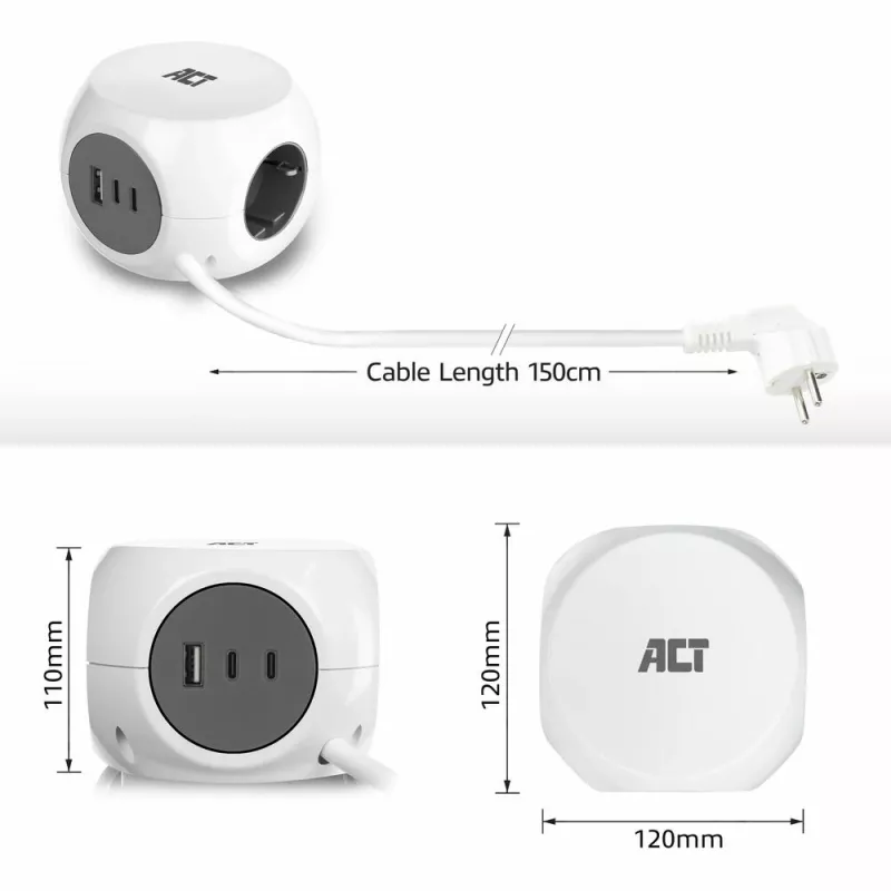 ACT AC2420 power extension 1.5 m 3 AC outlet(s) Indoor White