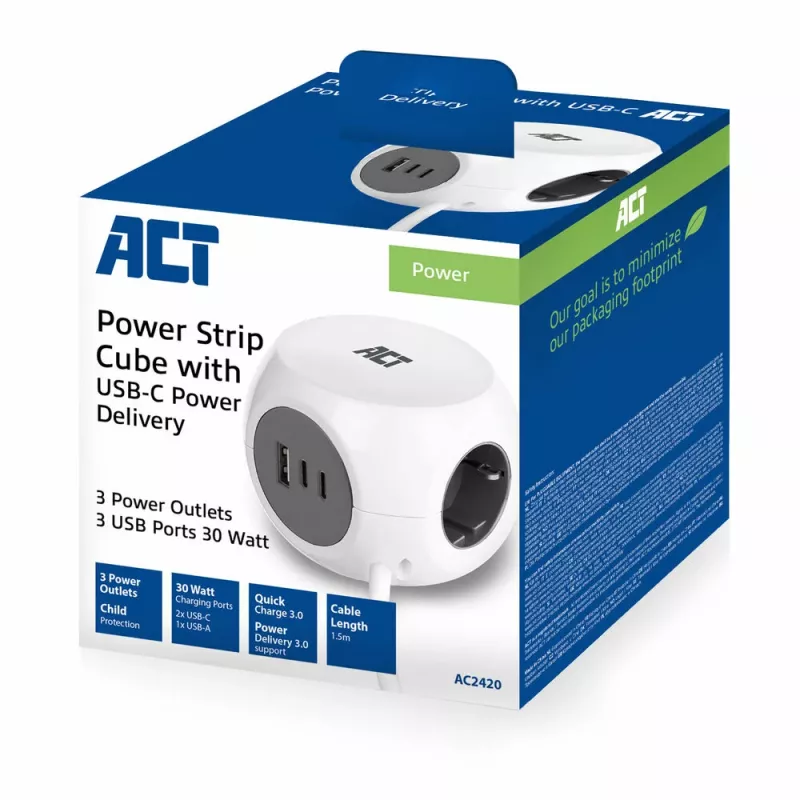 ACT AC2420 power extension 1.5 m 3 AC outlet(s) Indoor White