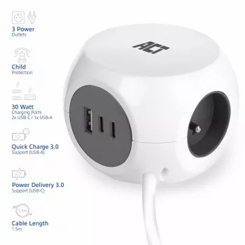 ACT AC2425 power extension 1.5 m 3 AC outlet(s) Indoor White
