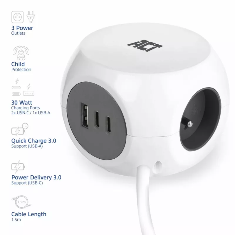 ACT AC2425 power extension 1.5 m 3 AC outlet(s) Indoor White