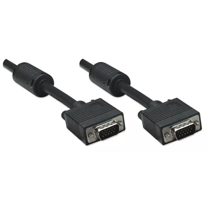 Manhattan VGA Monitor Cable (with Ferrite Cores), 15m, Black, Male to Male, HD15, Cable of higher SVGA Specification (fully compatible), Shielding with Ferrite Cores helps minimise EMI interference for improved video transmission, Lifetime Warranty