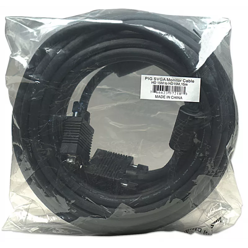 Manhattan VGA Monitor Cable (with Ferrite Cores), 15m, Black, Male to Male, HD15, Cable of higher SVGA Specification (fully compatible), Shielding with Ferrite Cores helps minimise EMI interference for improved video transmission, Lifetime Warranty