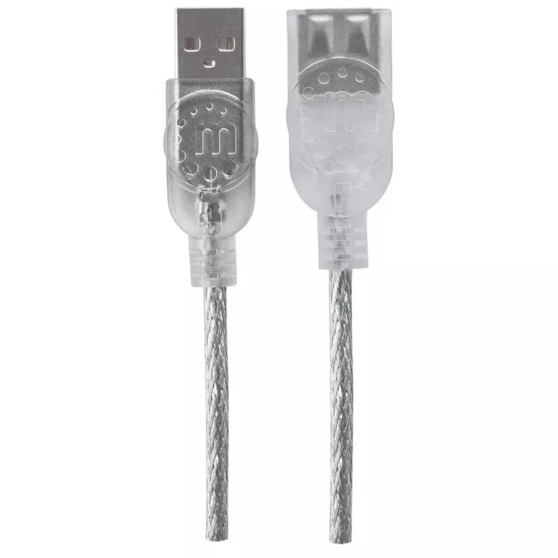 Manhattan USB-A to USB-A Extension Cable, 1.8m, Male to Female, 480 Mbps (USB 2.0), Hi-Speed USB, Translucent Silver, Lifetime Warranty