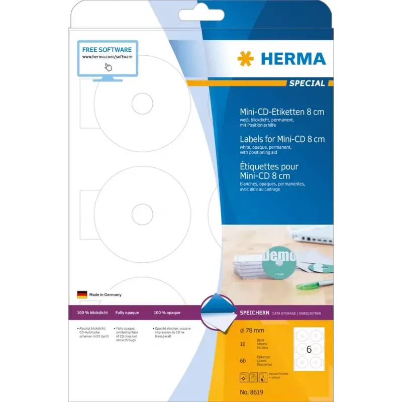 Self-adhesive labels HERMA CD Mini A4 Ø 78 mm