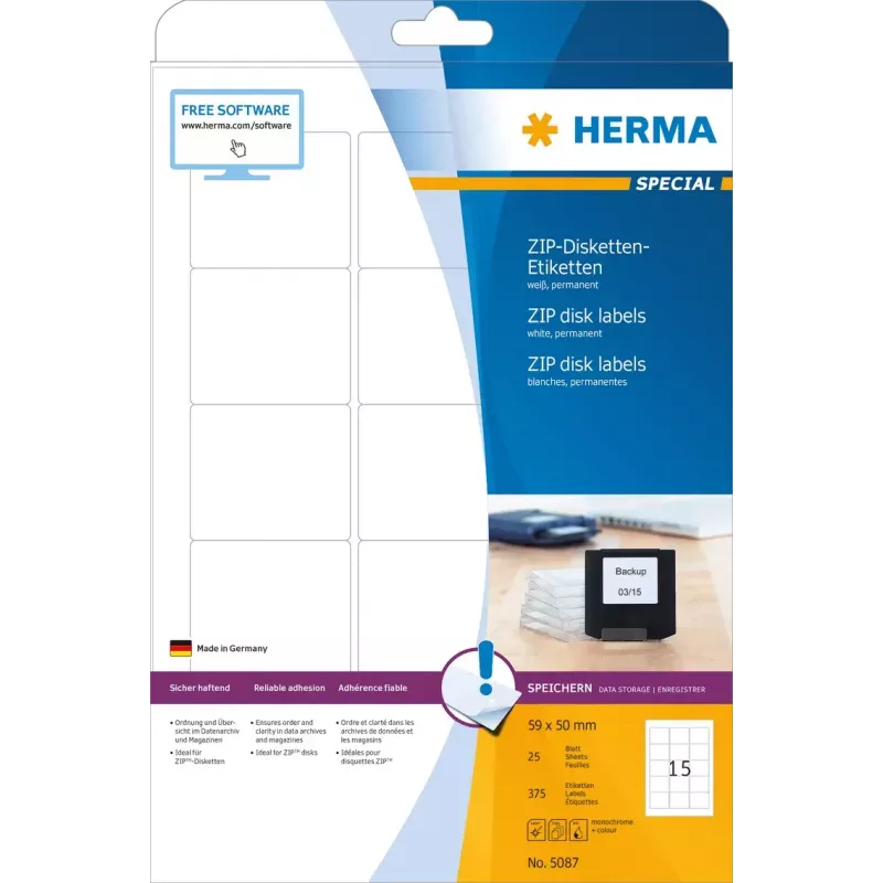 Labels HERMA ZIP diskettes A4 59x50 mm white paper matt 375 pcs