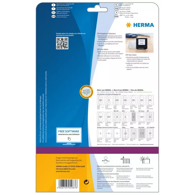 Labels HERMA ZIP diskettes A4 59x50 mm white paper matt 375 pcs
