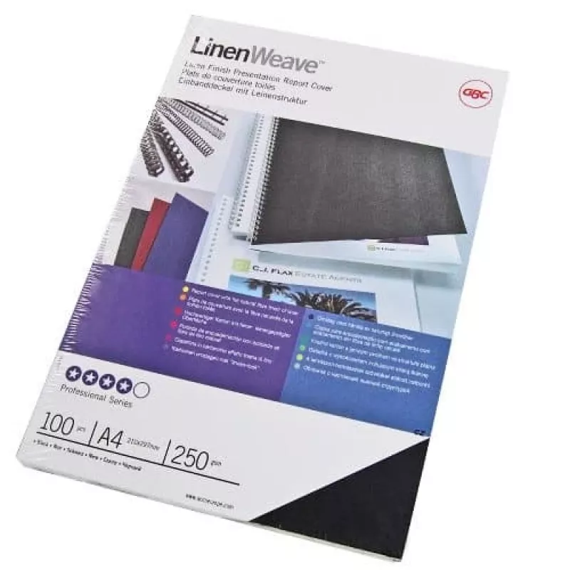 GBC LinenWeave Binding Covers 250gsm A4 Black (100), A4, Black, 100 sheets, 210 mm, 297 mm, 33 mm
