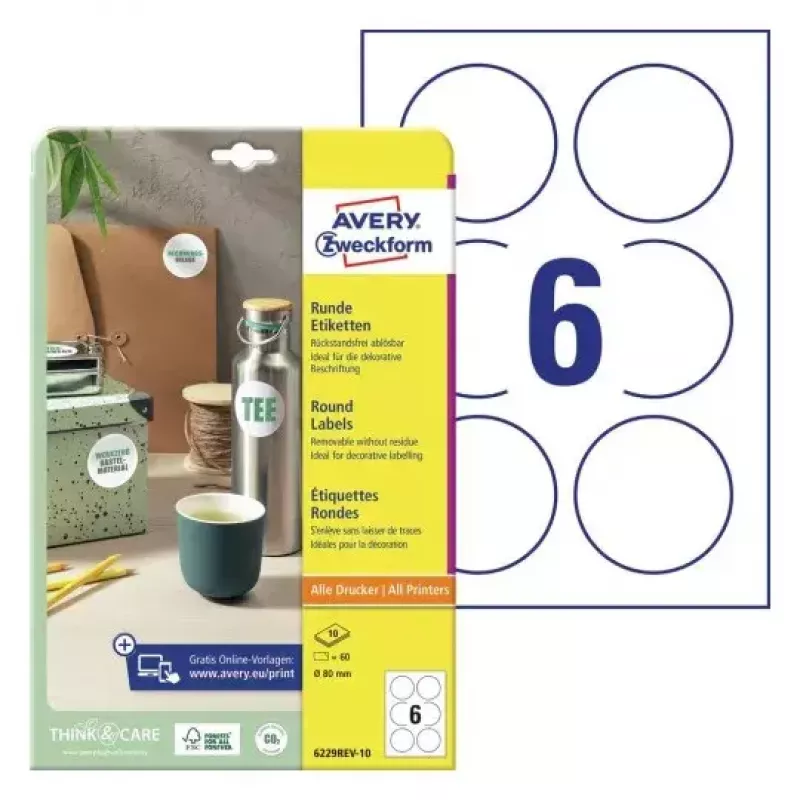 Avery 6229REV-10 self-adhesive label Round Removable White 60 pcs