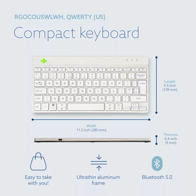 R-Go Tools Ergonomic keyboard R-Go Compact Break, compact keyboard with break software, QWERTY (UK), Bluetooth, white