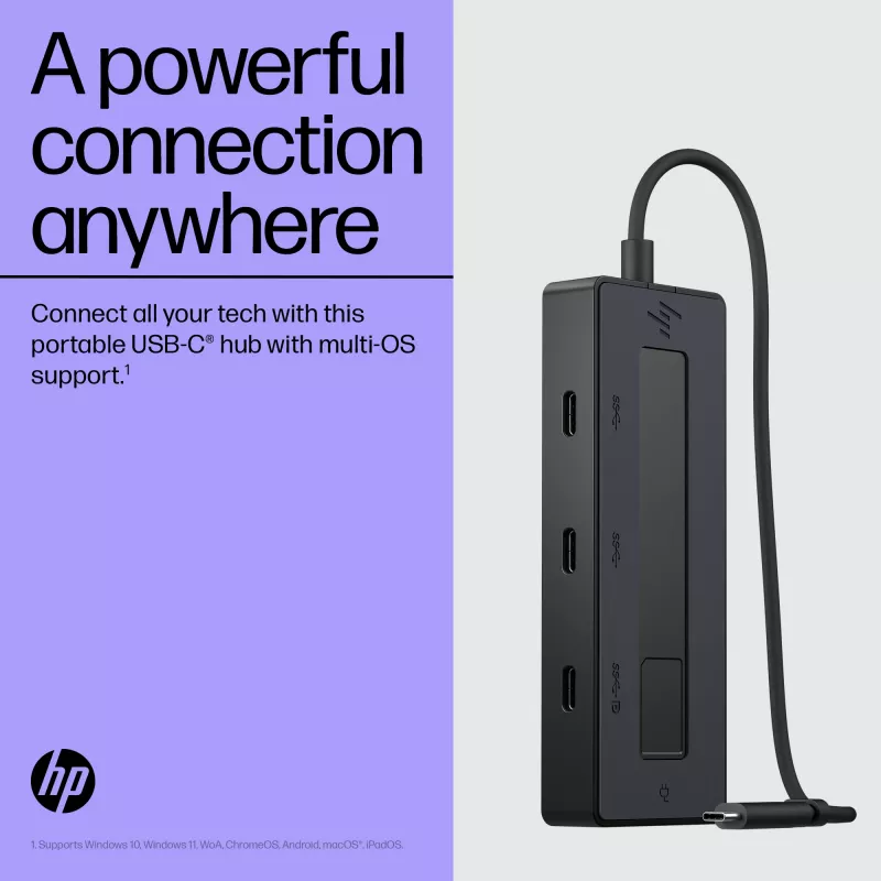 HP 4K USB-C Multiport Hub, USB Type-C, USB Type-C, 10000 Mbit/s, 3840 x 2160, Black, 65 W