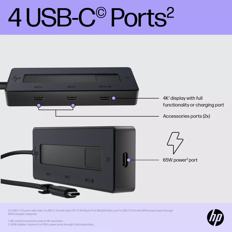 HP 4K USB-C Multiport Hub, USB Type-C, USB Type-C, 10000 Mbit/s, 3840 x 2160, Black, 65 W