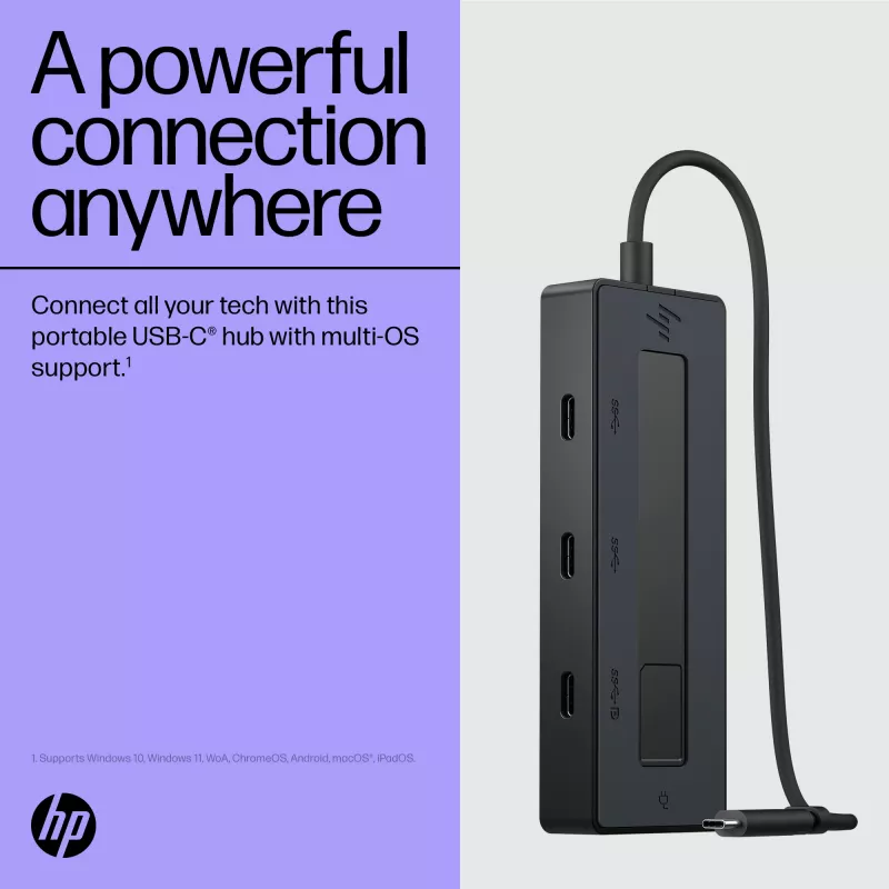 HP 4K USB-C Multiport Hub, USB Type-C, USB Type-C, 10000 Mbit/s, 3840 x 2160, Black, 65 W