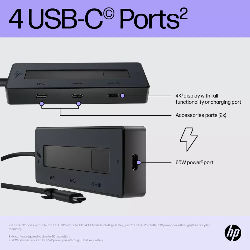 HP 4K USB-C Multiport Hub, USB Type-C, USB Type-C, 10000 Mbit/s, 3840 x 2160, Black, 65 W