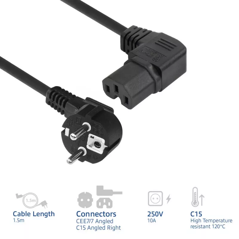 ACT Powercord mains connector CEE 7/7 male (angled) - C15 (angled right) IEC60320 black 1.5 m