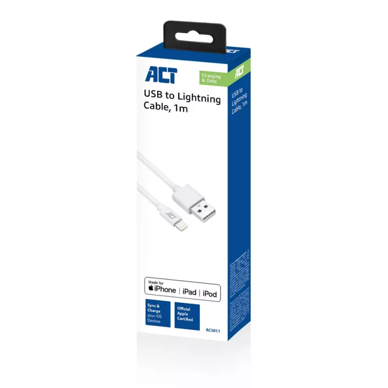ACT USB 2.0 charging/data cable A male - Lightning male 1 meter, MFI gecertificeerd