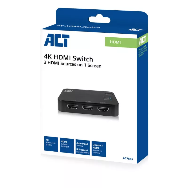 ACT 4K HDMI Switch 3x1 Black 60Hz 1920x1080 3840x2160