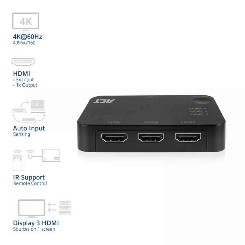ACT 4K HDMI Switch 3x1 Black 60Hz 1920x1080 3840x2160